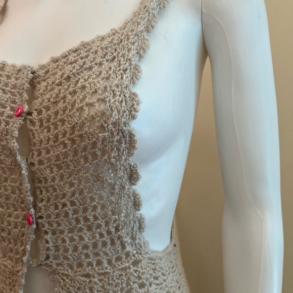 Y2K BOHO 💋 Beige Knit FESTIVAL Sleeveless Midi HIPPIE Vest Top Womens S - Picture 4 of 7